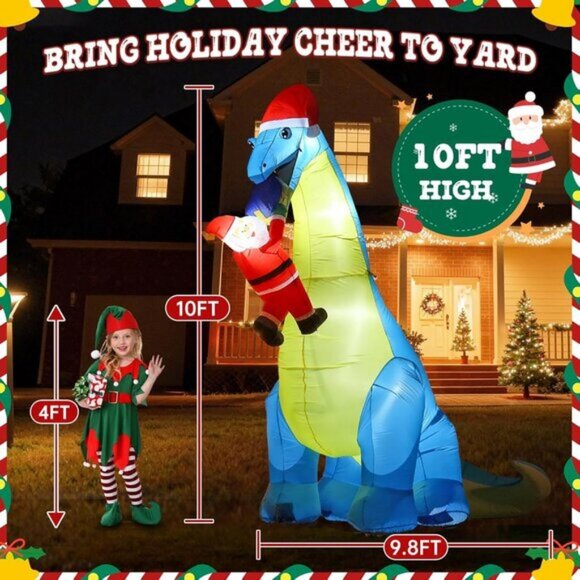 ⚡10FT Giant Christmas Inflatables Dinosaur with Santa Claus Outdoor Decorations - Picture 3 of 7